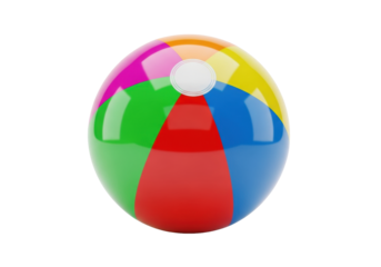 A highly detailed, perfectly spherical, glossy pvc vinyl beach ball, featuring vibrant neon pink, green, red, yellow, and blue stripes, isolated on a transparent background. Concept of summer vacation