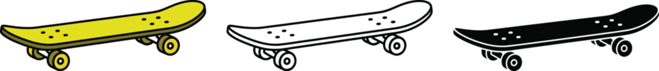 Three skateboards in yellow black and white with wheels and dots on the deck © SHAHIN