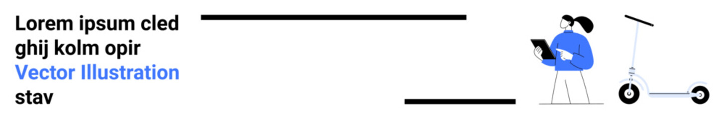 Obraz premium Modern technology, urban commuting, remote work, mobility, sustainability, digital lifestyle. Person holding tablet near electric scooter. Modern technology and urban commuting concept