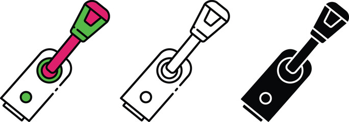 Three stylized fuel nozzles with green red and black colors on white background gas pump