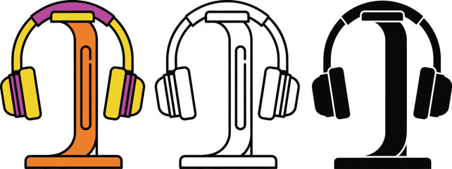 Three stylized headphones with colorful and monochrome on a white background audio equipment