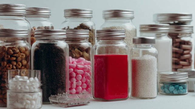 Glass jars filled with sugar, coffee and candies arranged on white background in retail scene