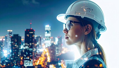 Woman in hard hat and glasses looking over a city skyline at night