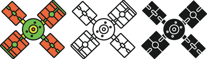 Three stylized satellite with red green and black color schemes space technology