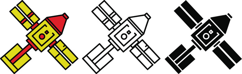 Three stylized space station in yellow red black and white style satellite