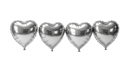 four shiny silver metallic foil heart balloons floating horizontally against a transparent studio background, elegant hand-drawn watercolor illustration. concept for romance and celebration