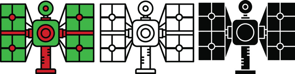 Three surveillance cameras with green black and white grid backgrounds security monitoring