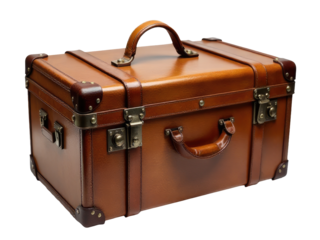 A single brown leather suitcase sits atop a clean white surface