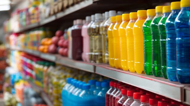 Colorful drink bottles arranged on supermarket shelves for vibrant beverage branding and packaging display concept