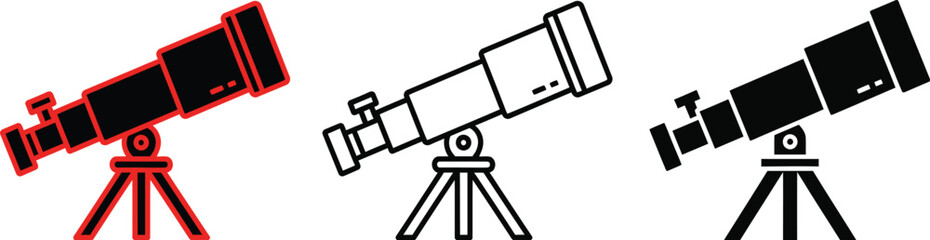 Three telescopes on tripods with red black and gray outline styles astronomy observation