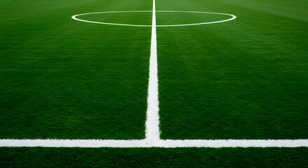 Soccer field center line and circle on fresh green grass, minimal sports background with strong symmetry and perspective, ideal for football events and competition concepts