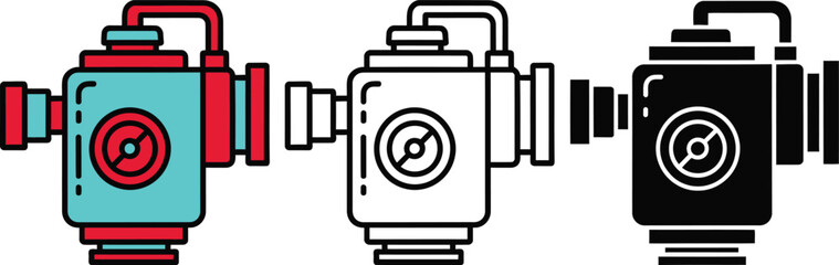 Three vintage cameras with different colored bodies and lenses connected by strips retro