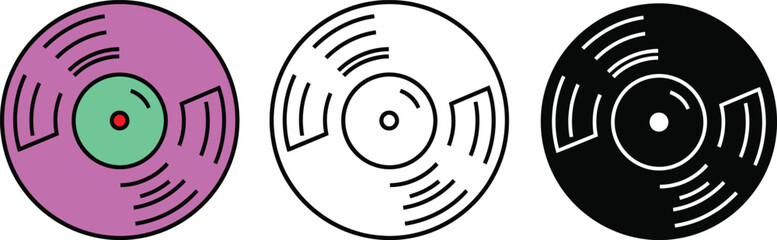 Three vinyl records with purple green black and white colors and abstract patterns disc