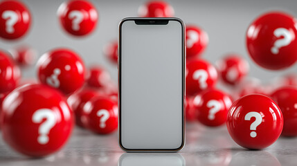 A smartphone stands out against a backdrop of floating red spheres marked with question marks, symbolizing curiosity and inquiry.