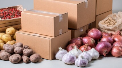 Cardboard delivery boxes with fresh vegetables for sustainable food logistics and farm to table ecommerce branding visuals