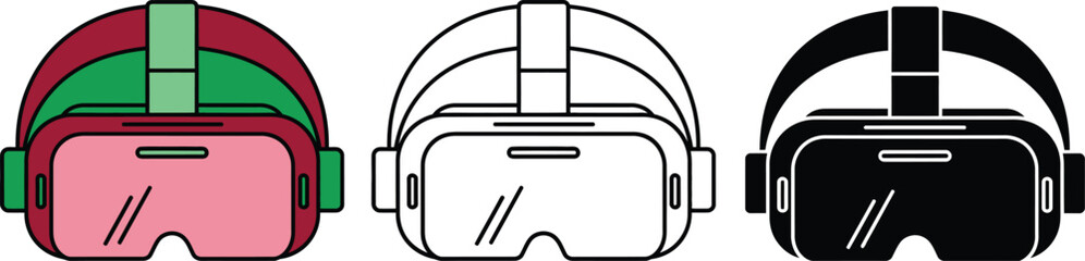 Three virtual reality headsets in red green black and white colors VR headset head-mounted display