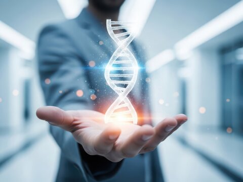 Scientist holding dna strand - Powered by Adobe
