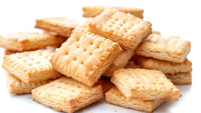 Video A pile of crackers sitting on a white plate, perfect for snacking or serving as a snack accompaniment