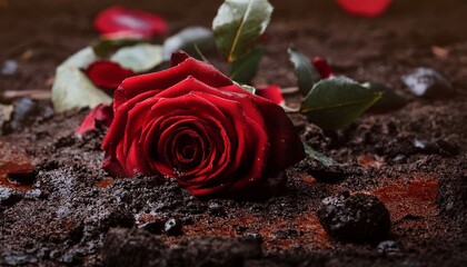 A Wilted Red Rose Lies In Dark Soil Bloodied