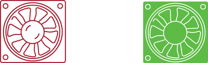 Two colorful square with fan in red and green outline