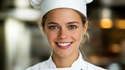 Culinary Confidence: A portrait of a skilled and confident chef, radiating a warm, inviting smile while poised in a professional kitchen environment. Capturing the essence of culinary mastery.