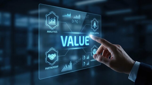 Businessman Interacting With A Digital Interface Displaying The Word Value And Various Business Icons Such As Graphs And Handshake In A Modern Office Setting With Blue Tones And Soft Bokeh Background
