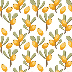 Seamless pattern with sea buckthorn. Natural fresh ripe tasty berries. Vector illustration for background, packaging, textile, fabric and various other designs.