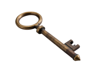 A close-up of an old key displayed on a clean white background, perfect for use in designs related to history, nostalgia, or vintage themes