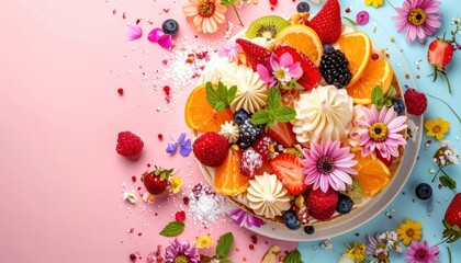 Naklejka premium Colorful cake topped with fresh fruits, edible flowers and meringues on pink background, perfect for patisserie branding, social media content and festive dessert promotions.