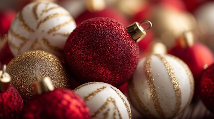 Classic red and white Christmas baubles hanging against warm golden bokeh lights, perfect festive background for holiday cards and promotions