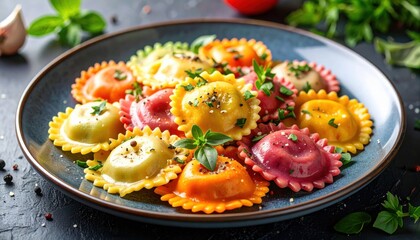 Fototapeta premium Plate of colorful homemade ravioli pasta with fresh herbs and pepper, gourmet Italian cuisine, vegetarian dinner, restaurant style food and rustic table setting.