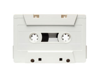 A close-up shot of a cassette on a white surface, ideal for use in music-related designs or nostalgia-themed projects