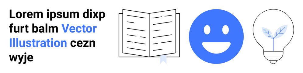 Fototapeta premium Education, positivity, creativity, ideas, learning, conceptual thinking. Open book, happy face light bulb. Education and creativity concept knowledge and ideas