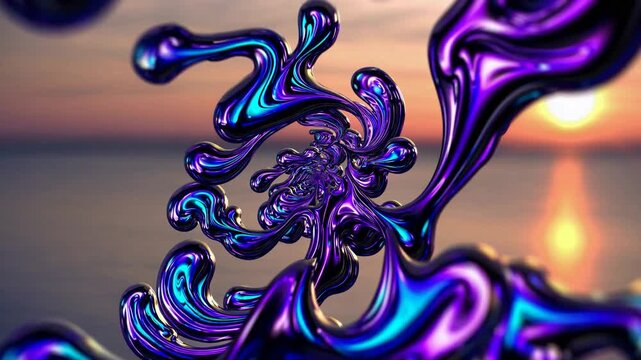 Colorful swirling patterns create a mesmerizing effect as vibrant shades of blue and purple blend seamlessly. The warm sun sets on the horizon, illuminating the captivating scene w