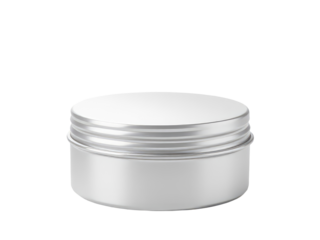 A silver container with a white lid sitting on a white background