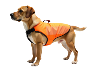 A dog wearing an orange vest stands on a white surface, ideal for use in pet-related or safety-themed contexts