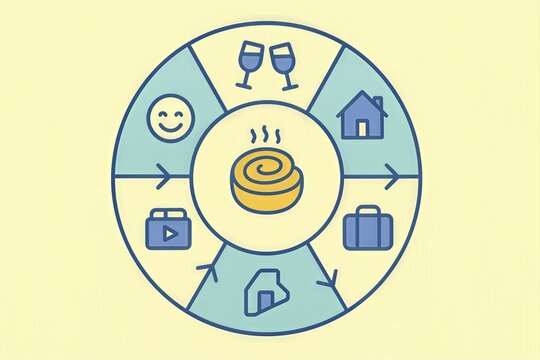 Visual representation of holistic lifestyle attributes emphasizing gratitude, joy, productivity, and connection through a central comfort food motif inspiring personal well being and balance