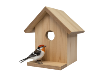 A small bird sits on a wooden birdhouse, a cozy and peaceful scene