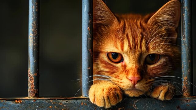 Imprisoned Feline Contemplation: An orange cat, its captivating gaze piercing through the metallic bars, reflecting on the world beyond its confines, evoking introspection and longing.