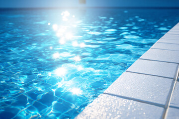 Obraz premium 夏の明るい日差しが反射する青いスイミングプールの水面と白いタイル 