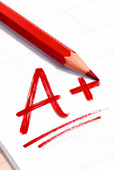 Handwritten A Plus Grade in Red with Sharp Pencil on Paper Background
