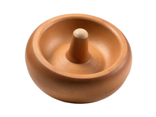 A wooden spinning top sitting on a white surface
