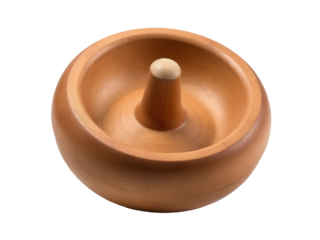 A wooden spinning top sitting on a white surface