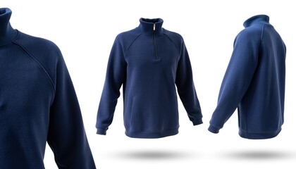 Navy blue fleece quarter zip sweatshirt displayed in three views