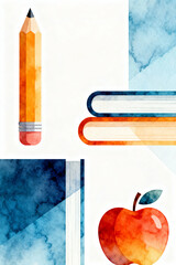 Back to School Watercolor Background with Books, Pencil and Red Apple
