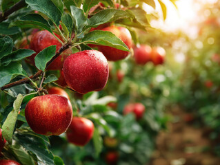 fresh and healthy red Sekai Ichi japanese apples fruit with green leaves background plantation garden farm.