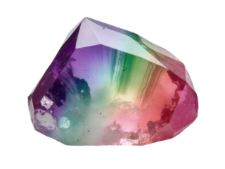 A colorful rock with a rainbow design sits on a plain white surface