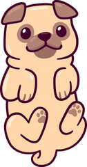 Cute cartoon pug lying on its back (rolled over, paws up) asking for belly rubs. Simple drawing, vector clip art illustration.