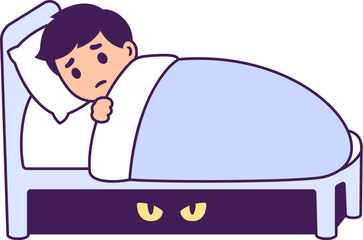 Little boy can't sleep, scared of monster under his bed. Childhood fears, bedtime anxiety. Cute cartoon vector illustration.
