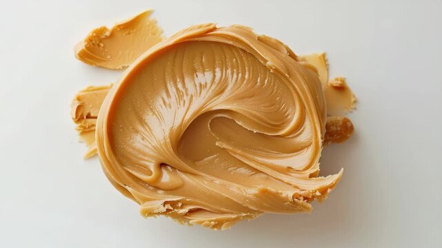 The shows a spoonful of peanut butter placed onto a white surface, creating an abstract swirl pattern with the spread. The focus is tight and captures the texture and gloss of the peanut butter